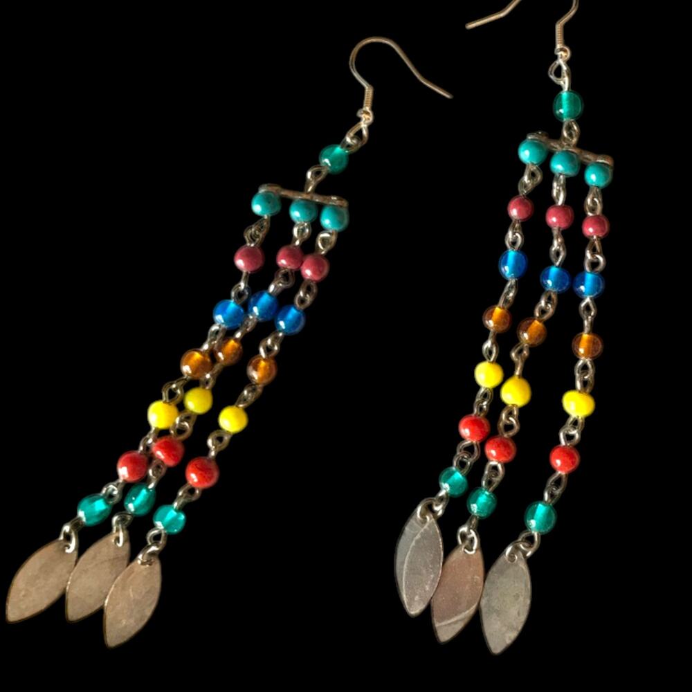 Dramatic colorful beaded statement earrings - orange teal yellow, silver tone